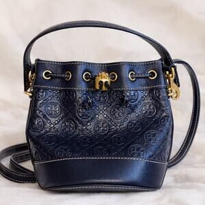 Tory Burch T Monogram Mini Bucket Bag Midnight Blue Leather Crossbody NWOT